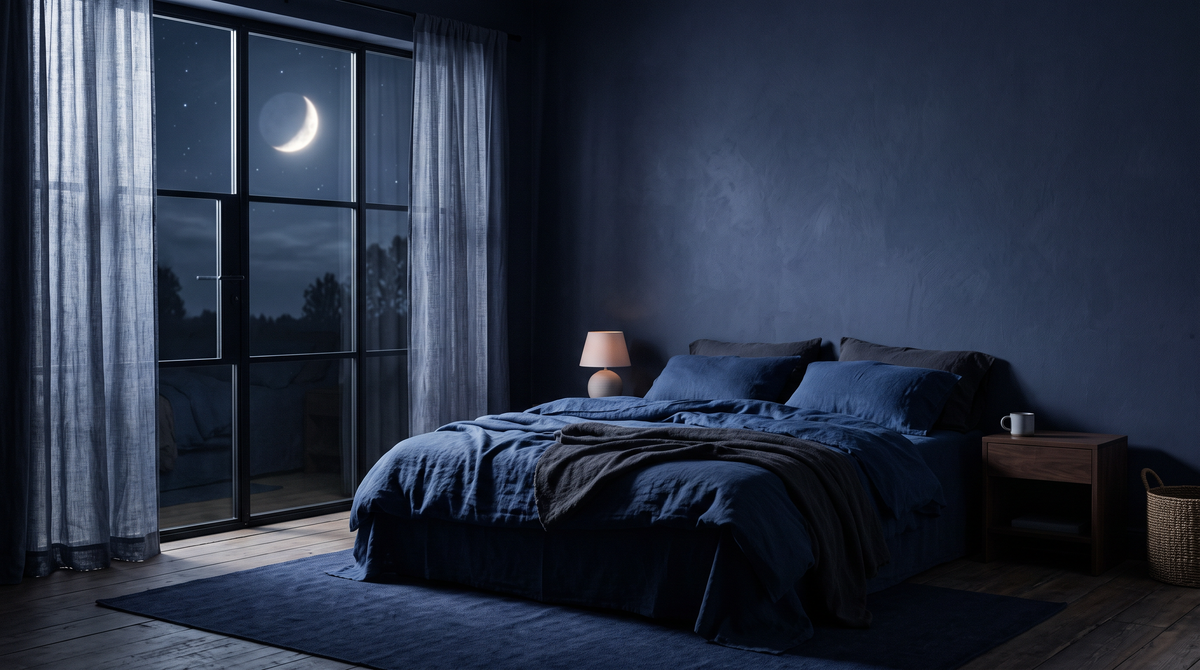 Dormitorio en penumbra con luz de luna, ambiente nocturno tranquilo